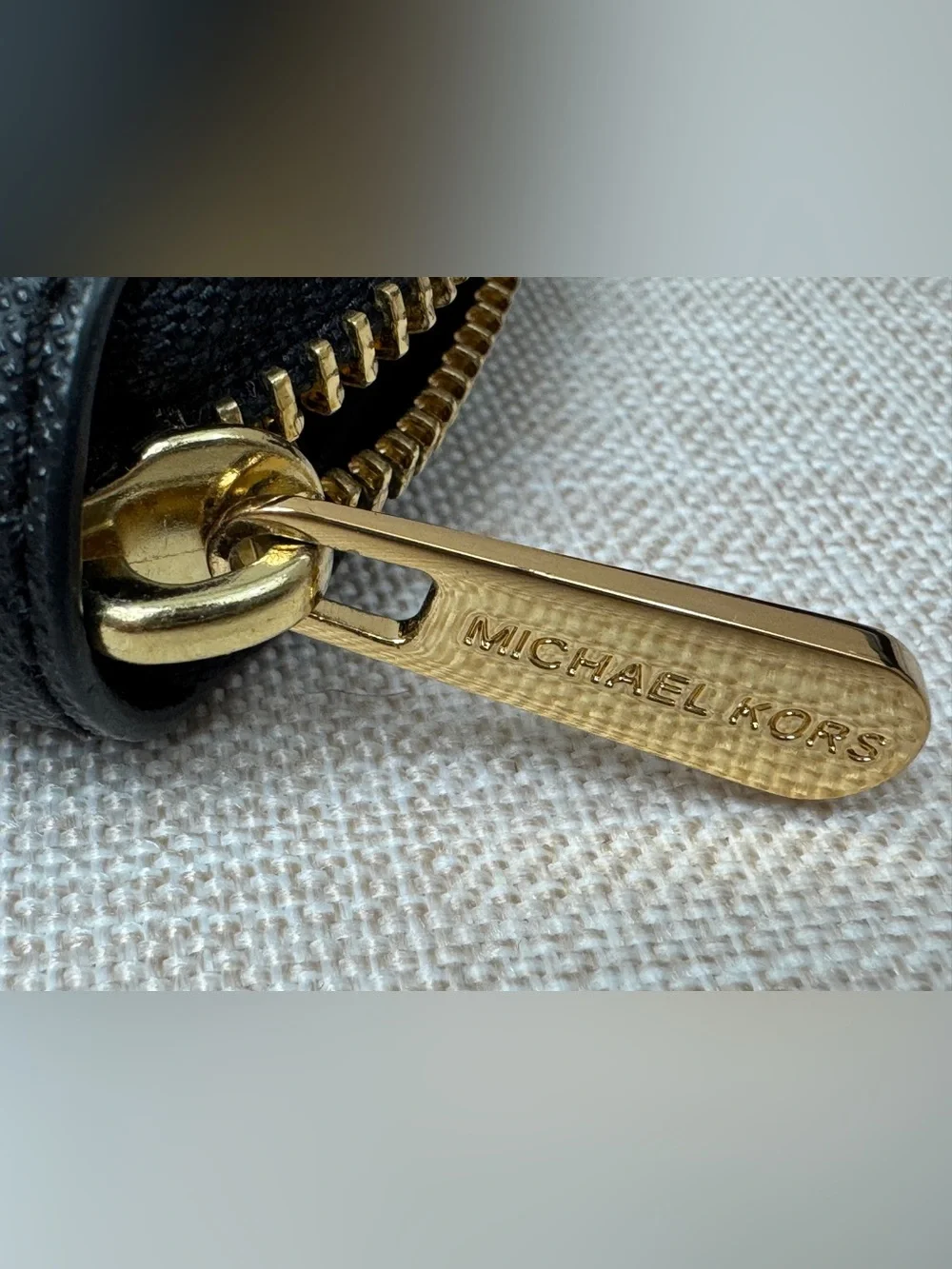 Michael Kors Black Saffiano Leather Compact Zip Wallet with Gold Plate